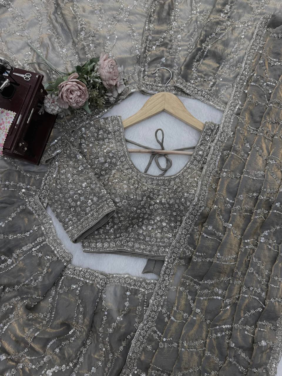Grey Heavy Sequins Embroidered Tissue Saree with Blouse Wedding Party Wear