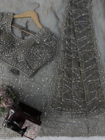 Grey Heavy Sequins Embroidered Tissue Saree with Blouse Wedding Party Wear