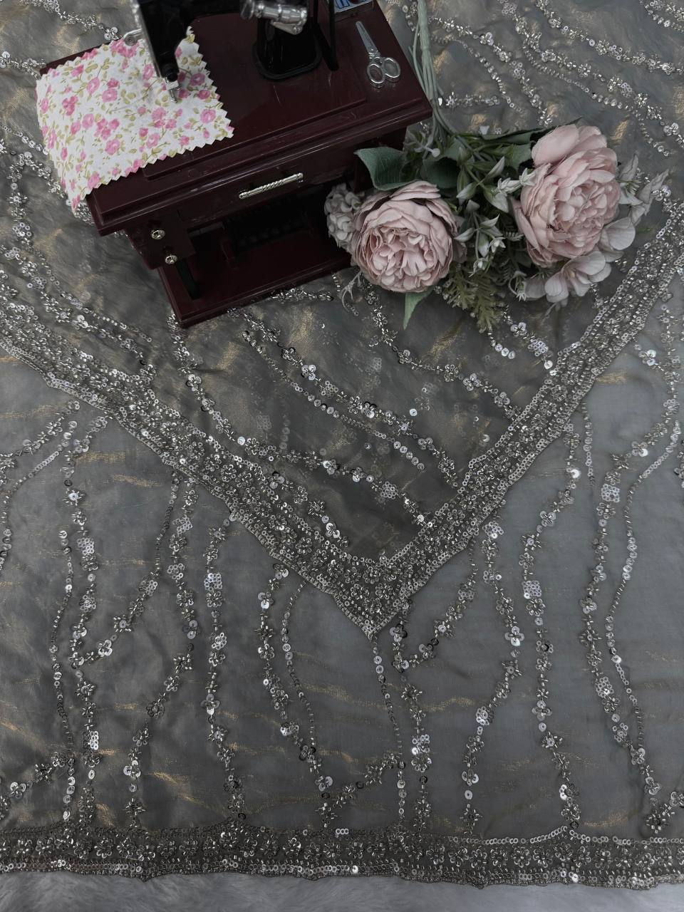 Grey Heavy Sequins Embroidered Tissue Saree with Blouse Wedding Party Wear
