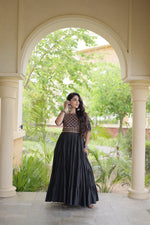 Navratri Special Black White Tiered Long Gown Mirror Work Garba Dress Women