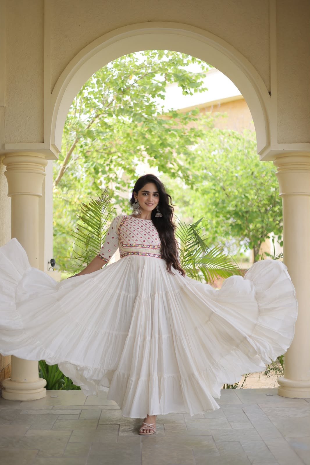 Navratri Special Black White Tiered Long Gown Mirror Work Garba Dress Women