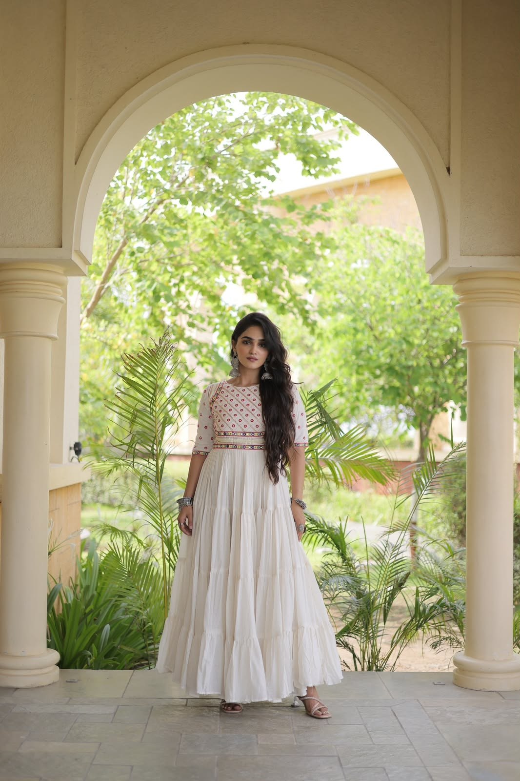 Navratri Special Black White Tiered Long Gown Mirror Work Garba Dress Women