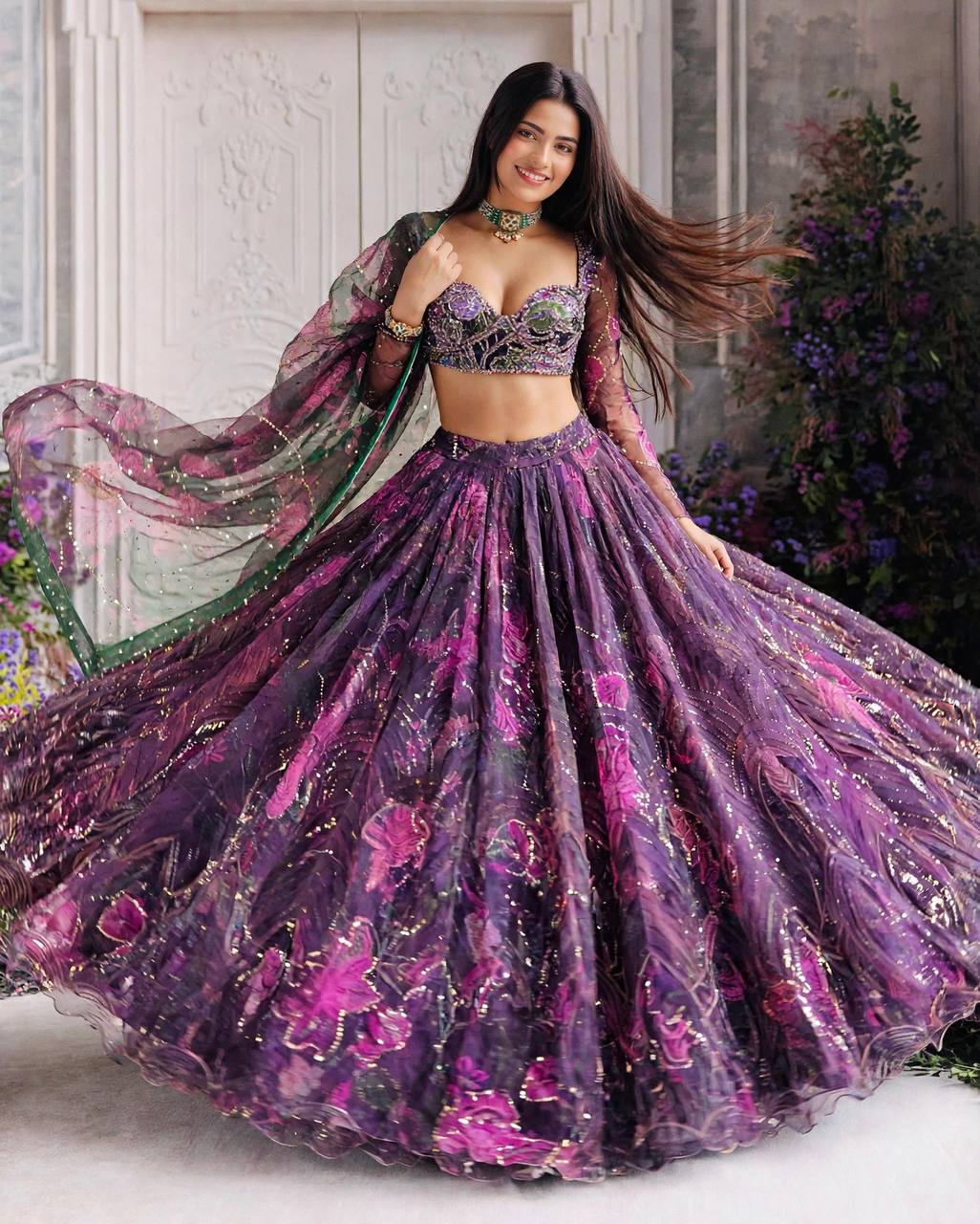 Wine Purple Floral PrintTabby Silk Lehenga Choli Sequins Work Dupatta Wedding
