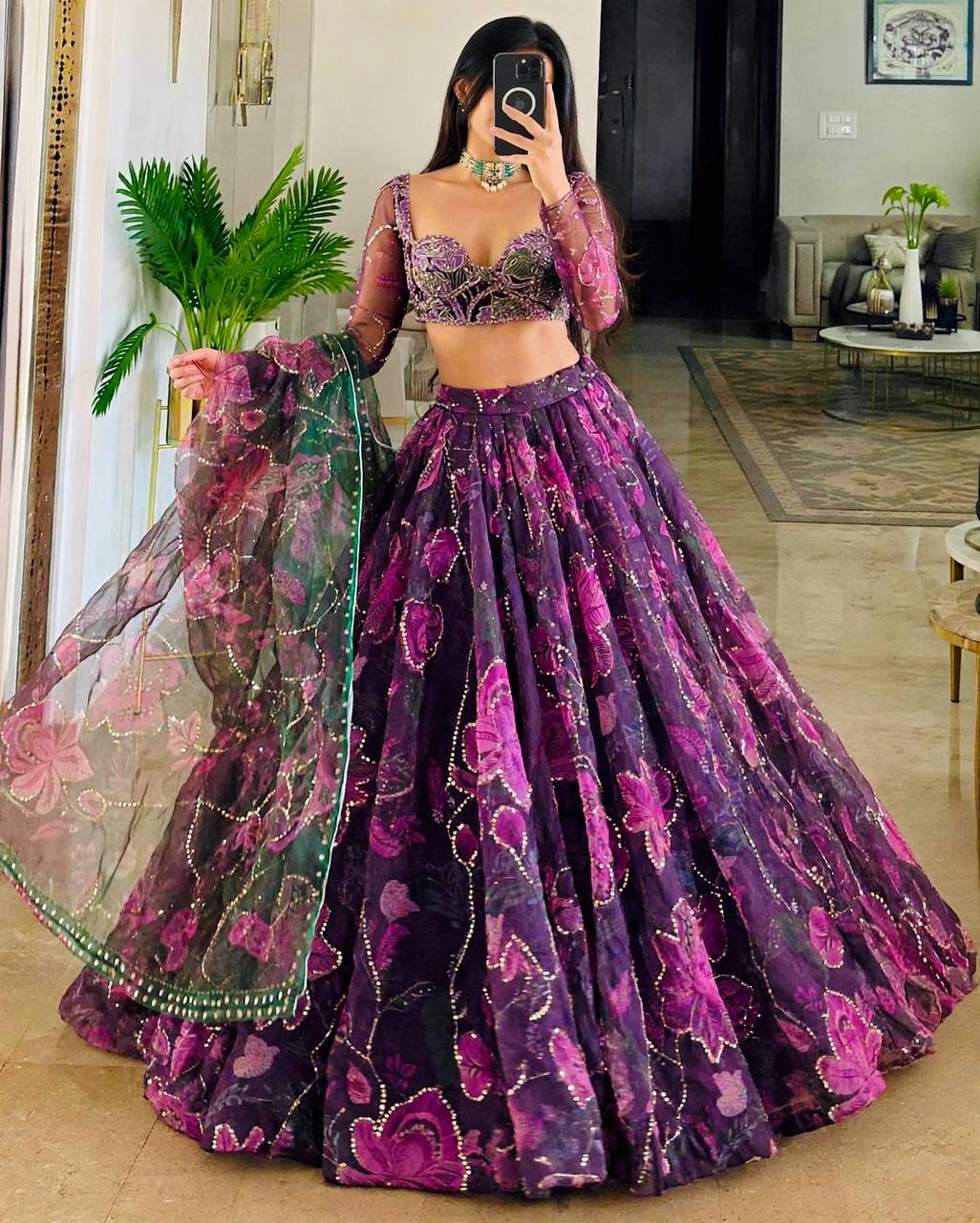 Wine Purple Floral PrintTabby Silk Lehenga Choli Sequins Work Dupatta Wedding
