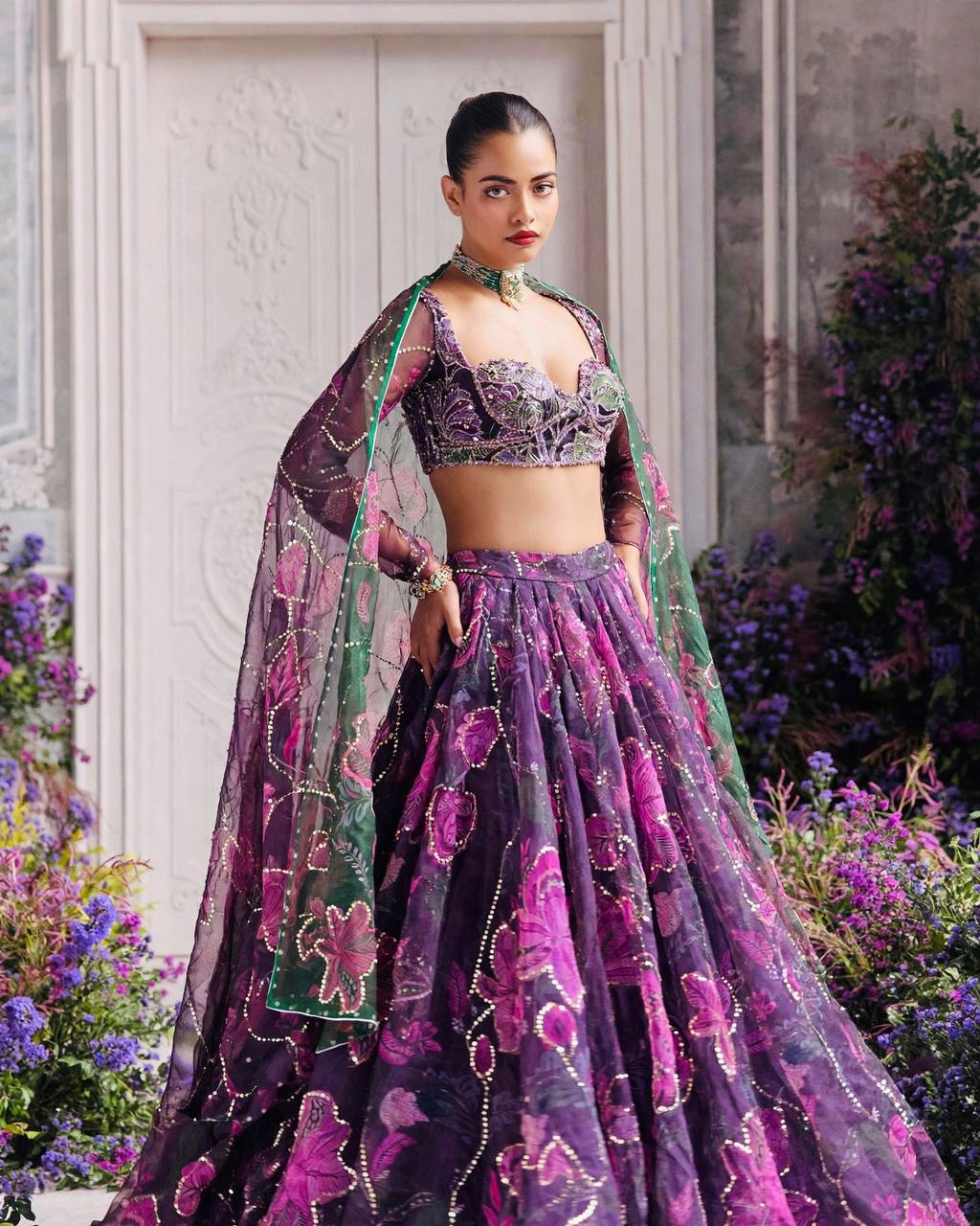 Wine Purple Floral PrintTabby Silk Lehenga Choli Sequins Work Dupatta Wedding