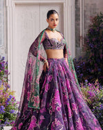 Wine Purple Floral PrintTabby Silk Lehenga Choli Sequins Work Dupatta Wedding