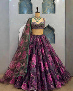 Wine Purple Floral PrintTabby Silk Lehenga Choli Sequins Work Dupatta Wedding