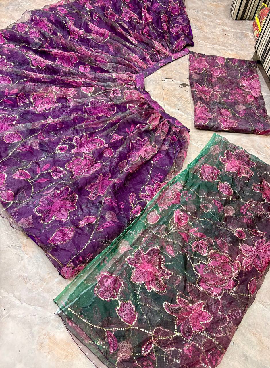 Wine Purple Floral PrintTabby Silk Lehenga Choli Sequins Work Dupatta Wedding