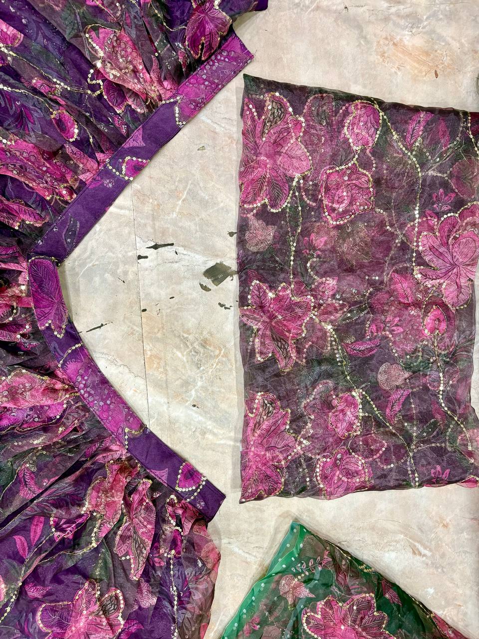 Wine Purple Floral PrintTabby Silk Lehenga Choli Sequins Work Dupatta Wedding