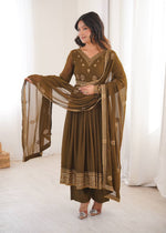 Mehndi Green Georgette Anarkali Suit Set with Pant Dupatta Sequins Work Party