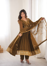 Mehndi Green Georgette Anarkali Suit Set with Pant Dupatta Sequins Work Party