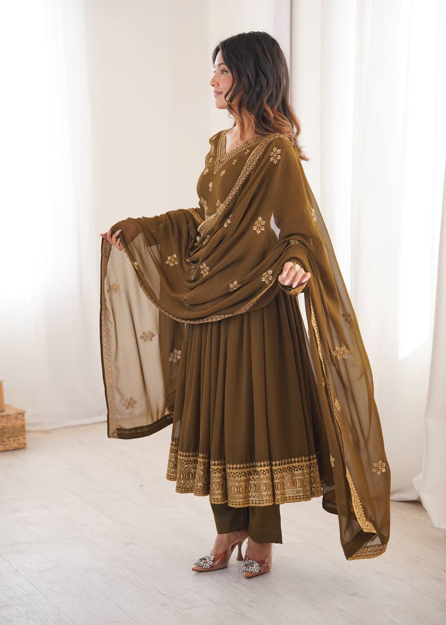 Mehndi Green Georgette Anarkali Suit Set with Pant Dupatta Sequins Work Party