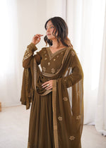 Mehndi Green Georgette Anarkali Suit Set with Pant Dupatta Sequins Work Party