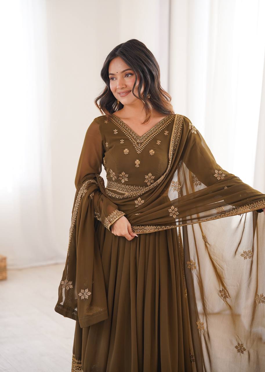 Mehndi Green Georgette Anarkali Suit Set with Pant Dupatta Sequins Work Party