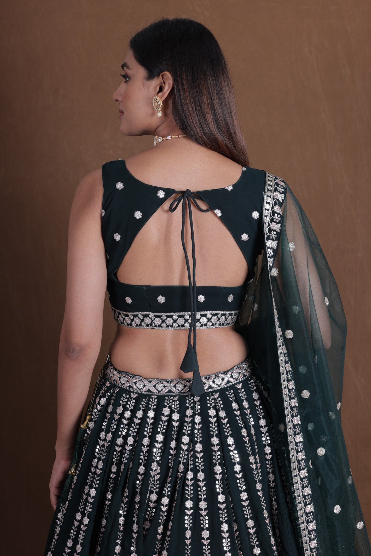 Bottle Green Georgette Lehenga Choli Silver Zari Sequins Work Net Dupatta Wedding