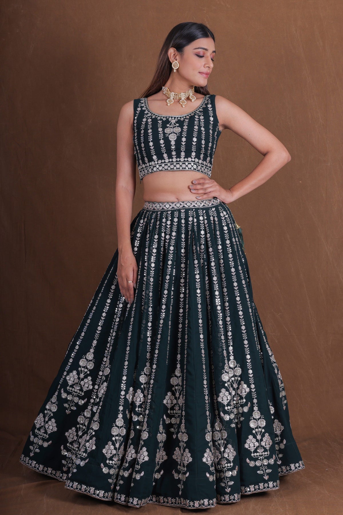 Bottle Green Georgette Lehenga Choli Silver Zari Sequins Work Net Dupatta Wedding