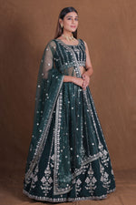 Bottle Green Georgette Lehenga Choli Silver Zari Sequins Work Net Dupatta Wedding