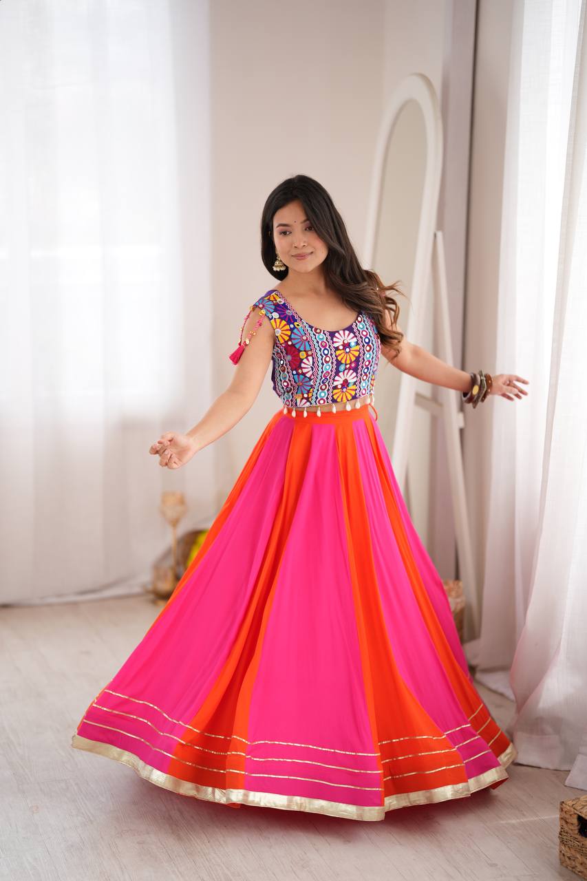 Navratri Pink Orange Chaniya Choli Gota Patti Kutchi Mirror Work Blouse Garba