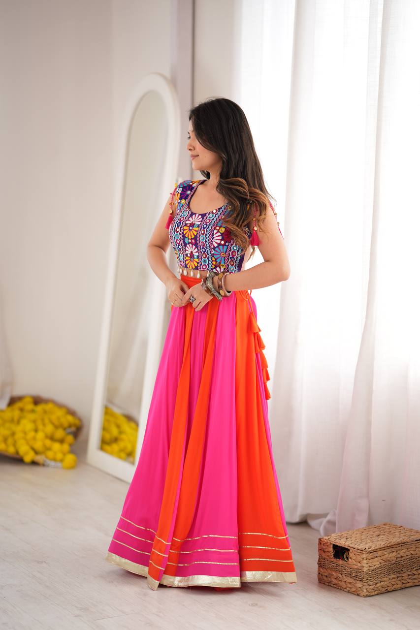 Navratri Pink Orange Chaniya Choli Gota Patti Kutchi Mirror Work Blouse Garba