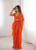 Pista Green And White And OrengeSequins Work Net Saree with Blouse Scalloped Border Party Wear