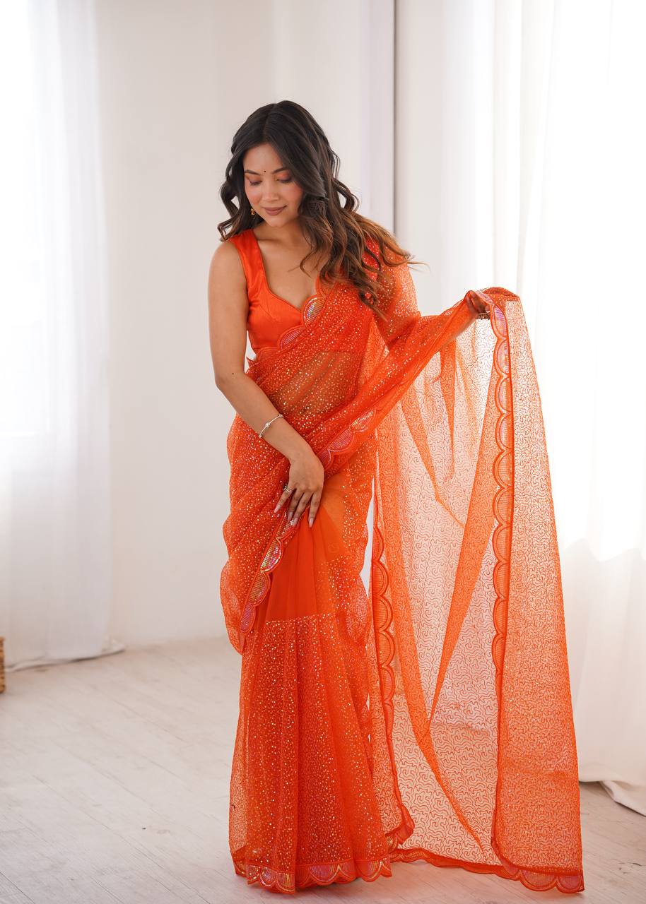 Pista Green And White And OrengeSequins Work Net Saree with Blouse Scalloped Border Party Wear