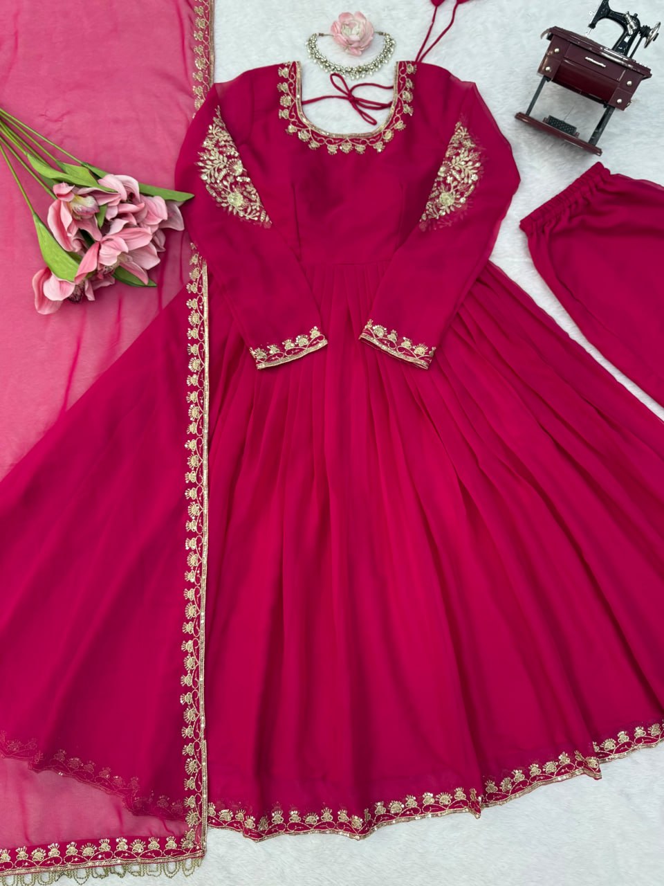 Faux Georgette Anarkali Gown with Pant Dupatta Thread Sequence Work Party Wear