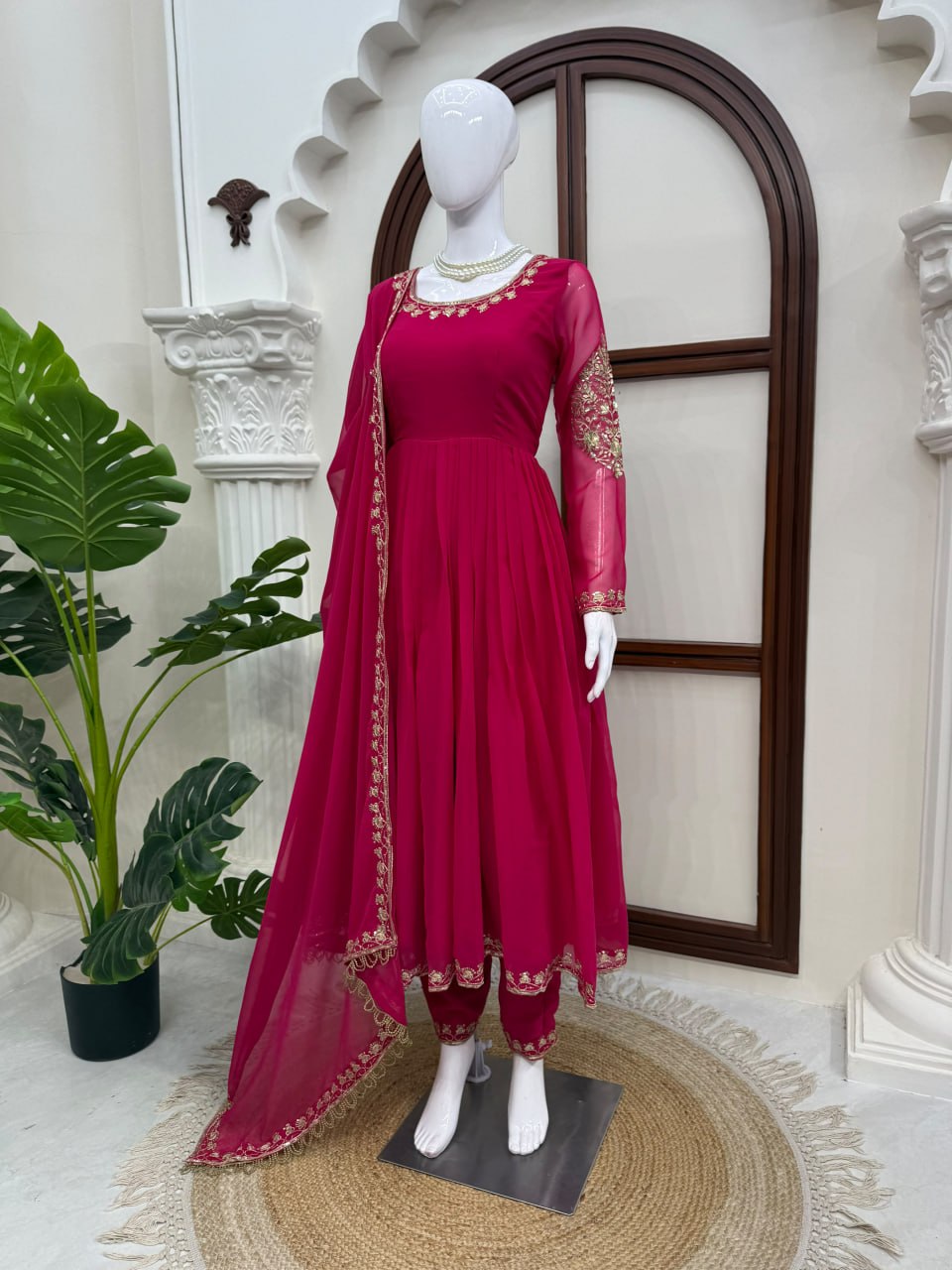 Faux Georgette Anarkali Gown with Pant Dupatta Thread Sequence Work Party Wear
