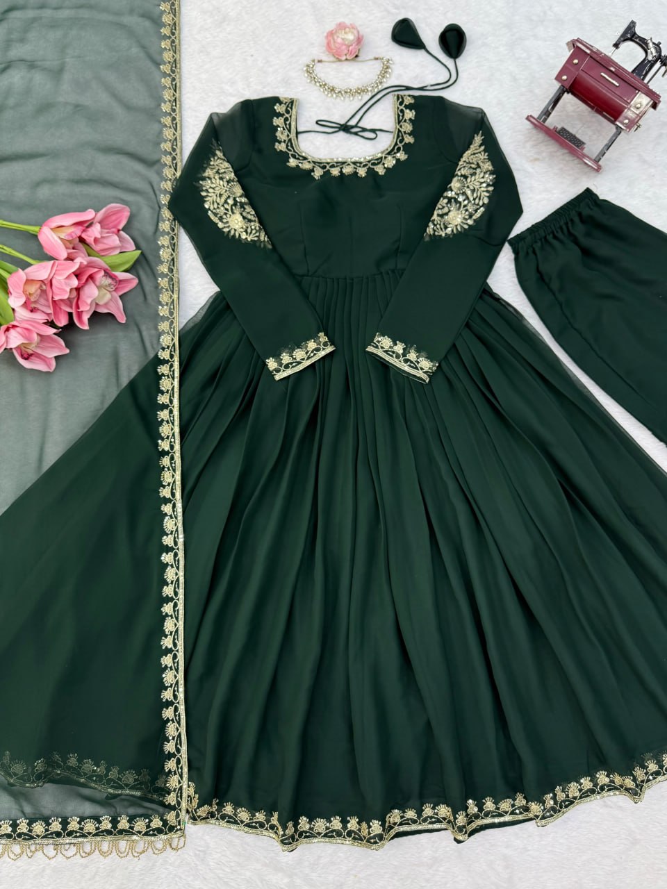 Faux Georgette Anarkali Gown with Pant Dupatta Thread Sequence Work Party Wear