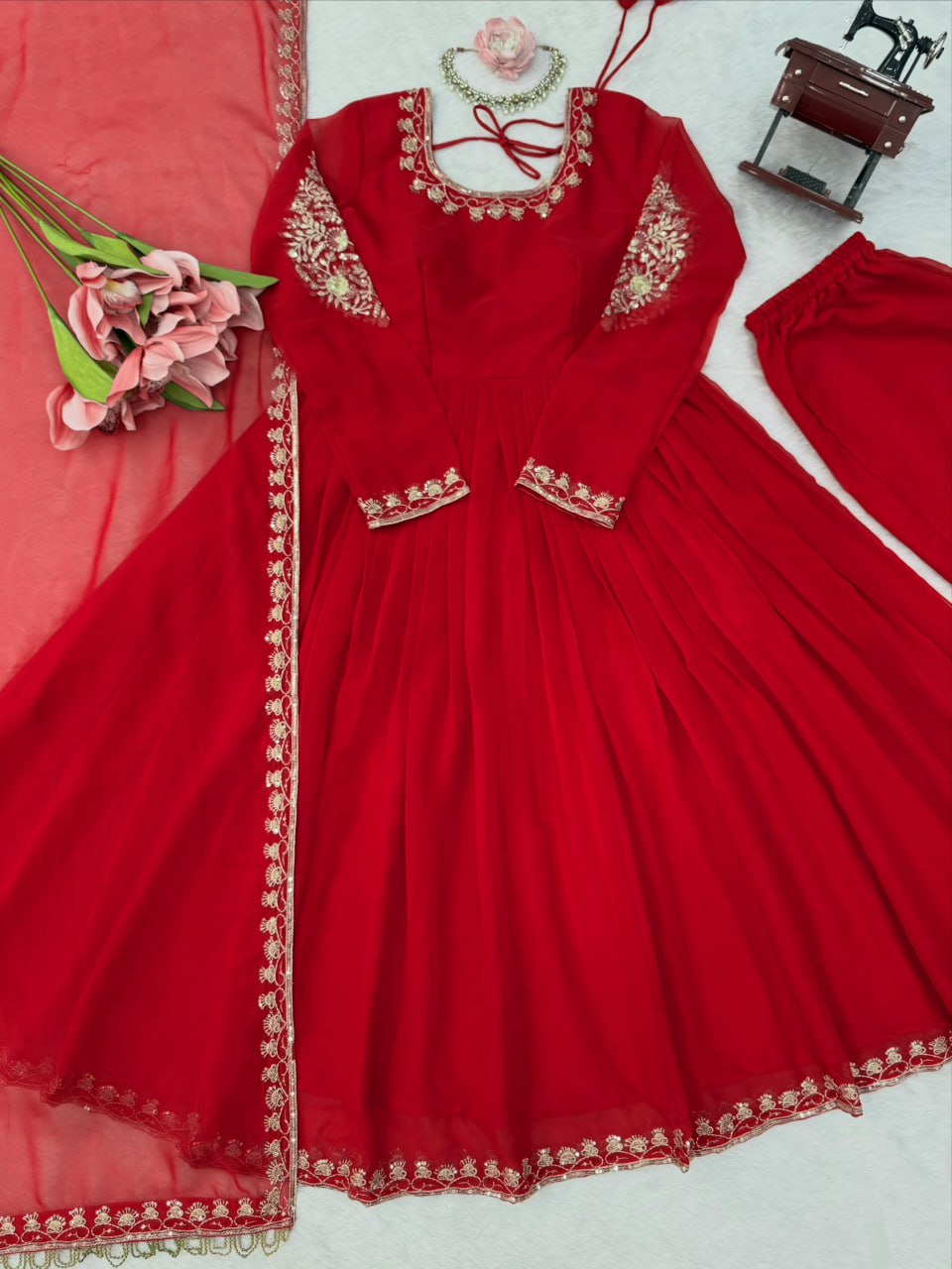 Faux Georgette Anarkali Gown with Pant Dupatta Thread Sequence Work Party Wear