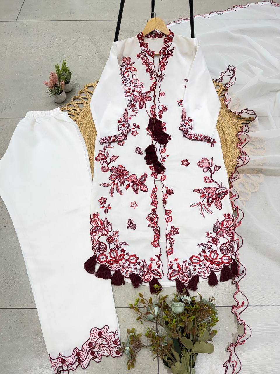 Pakistani Style Roman Silk Kurti Pant Dupatta Set Embroidery Work Festive
