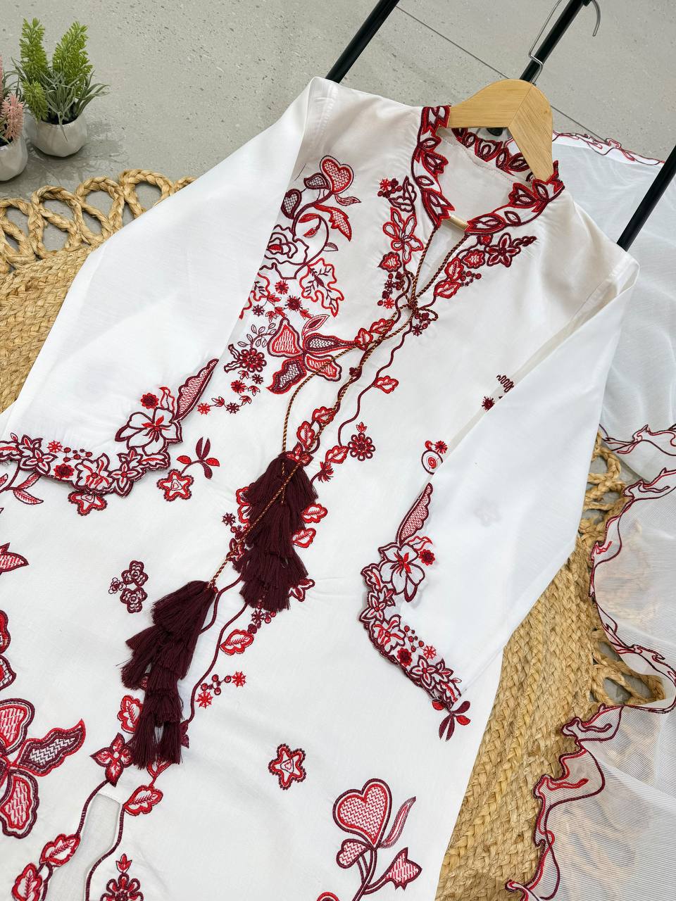 Pakistani Style Roman Silk Kurti Pant Dupatta Set Embroidery Work Festive