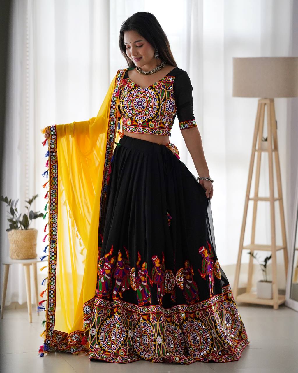 Navratri Black Chaniya Choli Kutchi Mirror Work with Yellow Dupatta Garba
