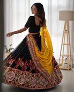 Navratri Black Chaniya Choli Kutchi Mirror Work with Yellow Dupatta Garba