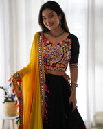 Navratri Black Chaniya Choli Kutchi Mirror Work with Yellow Dupatta Garba