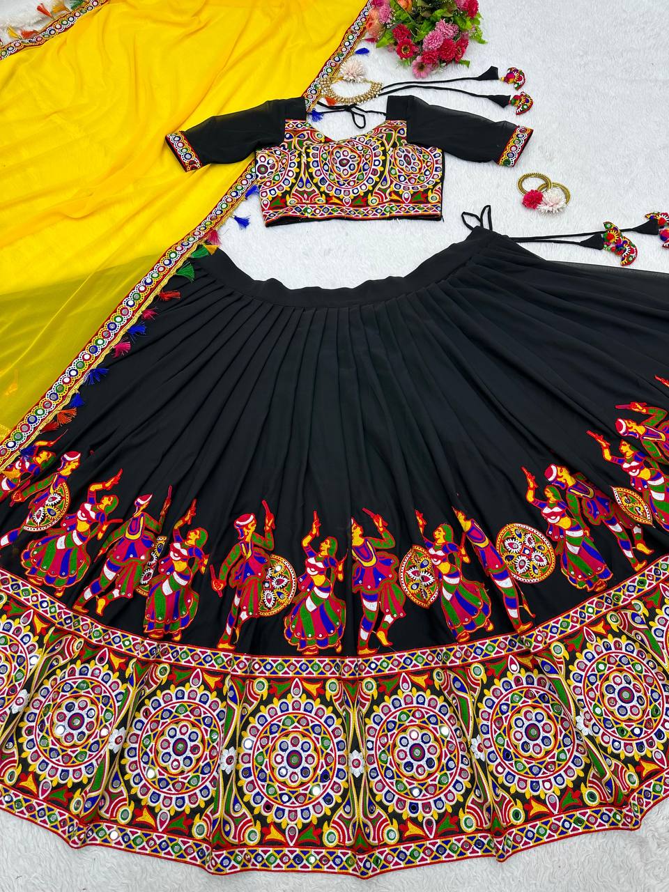 Navratri Black Chaniya Choli Kutchi Mirror Work with Yellow Dupatta Garba