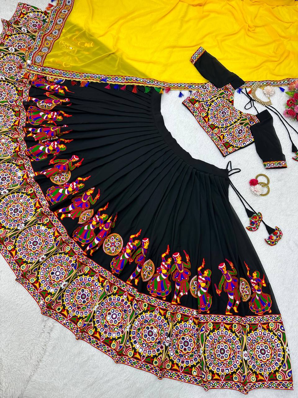 Navratri Black Chaniya Choli Kutchi Mirror Work with Yellow Dupatta Garba