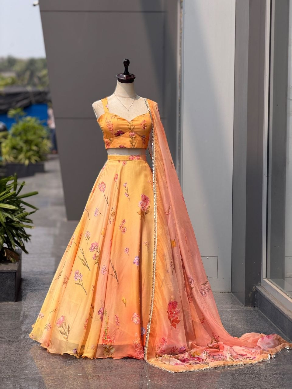 Yellow Peach Floral Digital Print Organza Lehenga Choli Mirror Lace Dupatta
