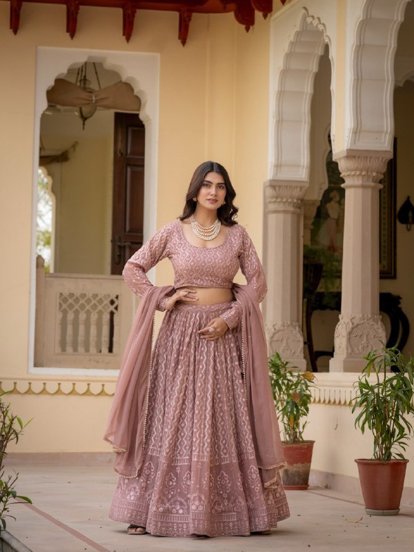 Rosy Brown Faux Georgette Lehenga Choli Thread Zari Sequence Work Semi Stitched