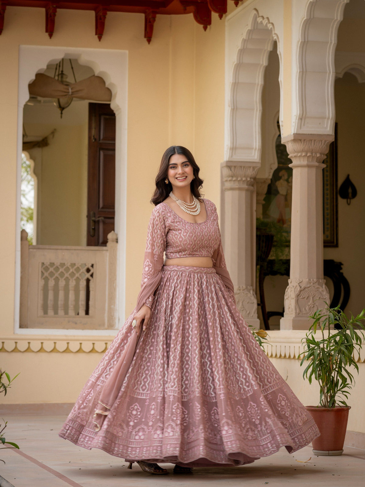 Rosy Brown Faux Georgette Lehenga Choli Thread Zari Sequence Work Semi Stitched