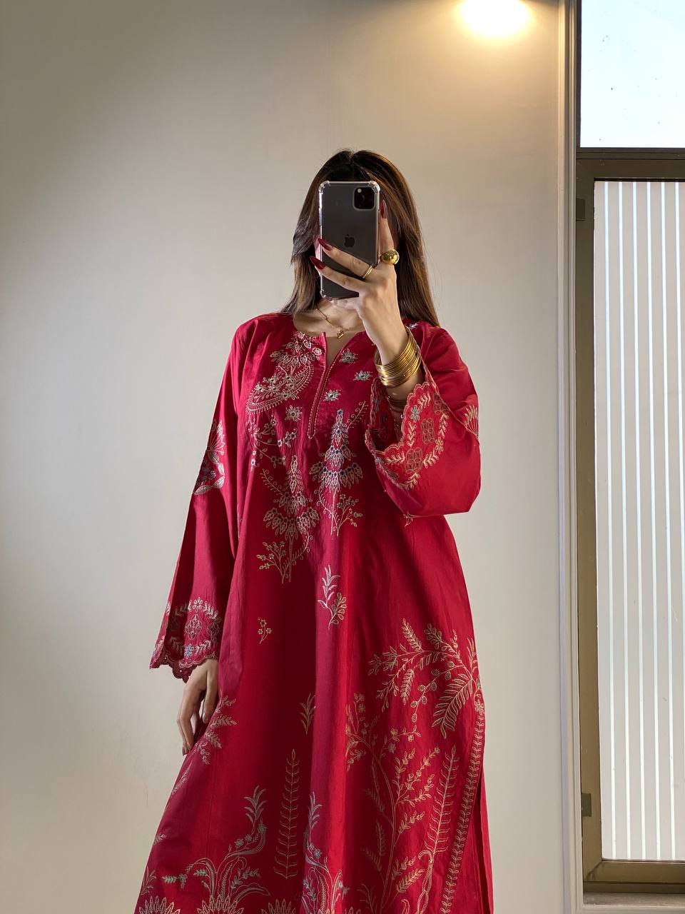 Red Pakistani Style Mul Chanderi Kurti Plazzo Dupatta Set Embroidery Work