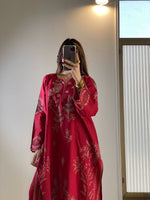 Red Pakistani Style Mul Chanderi Kurti Plazzo Dupatta Set Embroidery Work