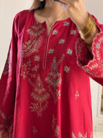 Red Pakistani Style Mul Chanderi Kurti Plazzo Dupatta Set Embroidery Work