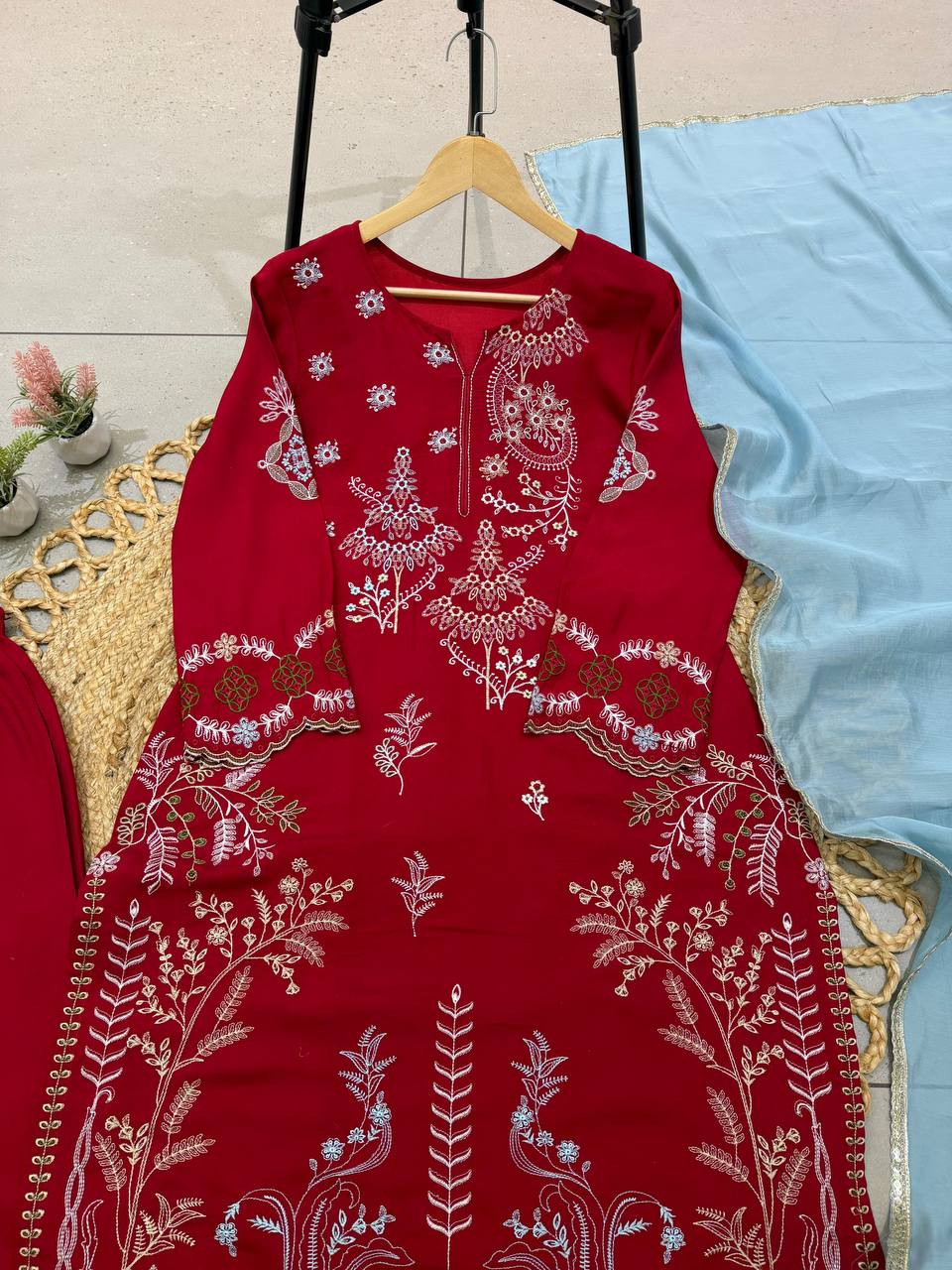 Red Pakistani Style Mul Chanderi Kurti Plazzo Dupatta Set Embroidery Work