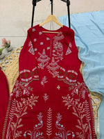 Red Pakistani Style Mul Chanderi Kurti Plazzo Dupatta Set Embroidery Work