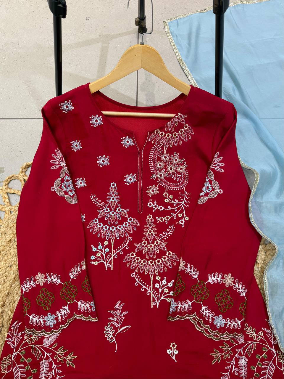 Red Pakistani Style Mul Chanderi Kurti Plazzo Dupatta Set Embroidery Work