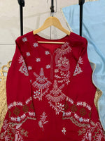 Red Pakistani Style Mul Chanderi Kurti Plazzo Dupatta Set Embroidery Work