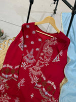 Red Pakistani Style Mul Chanderi Kurti Plazzo Dupatta Set Embroidery Work