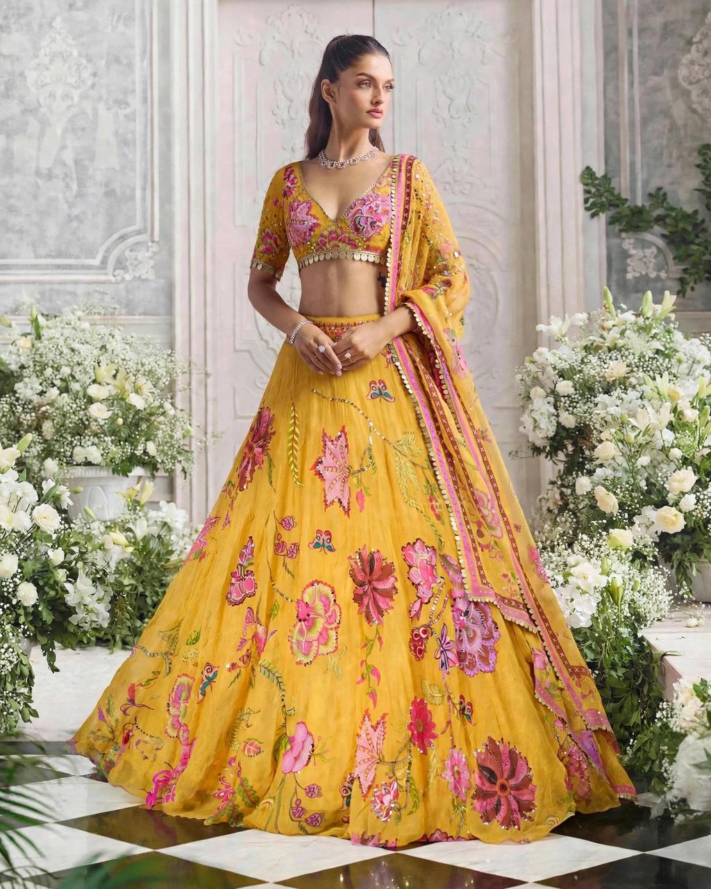 Mustard Yellow Floral Digital Print Georgette Lehenga Choli Sequins Work Haldi