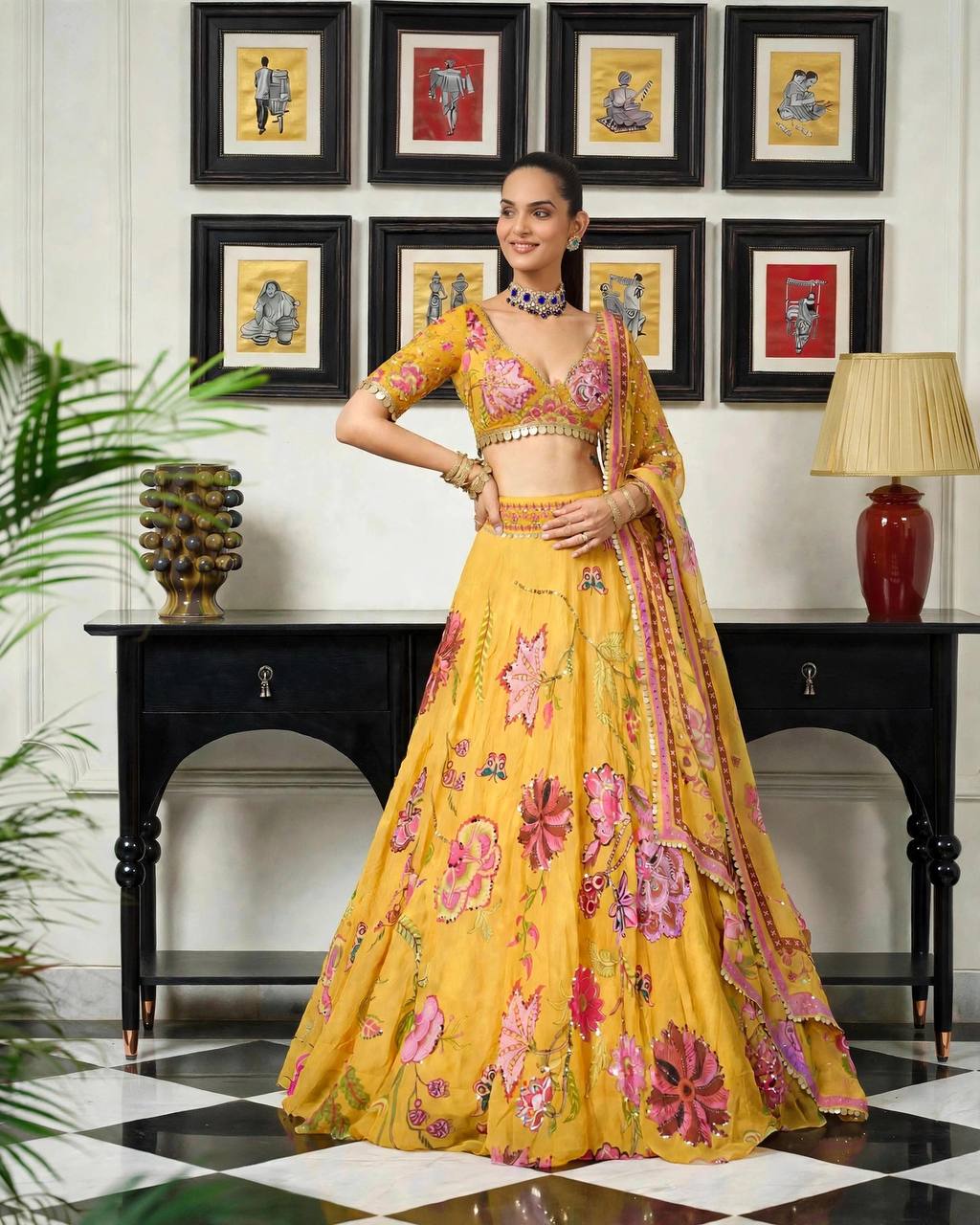 Mustard Yellow Floral Digital Print Georgette Lehenga Choli Sequins Work Haldi