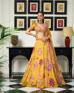 Mustard Yellow Floral Digital Print Georgette Lehenga Choli Sequins Work Haldi